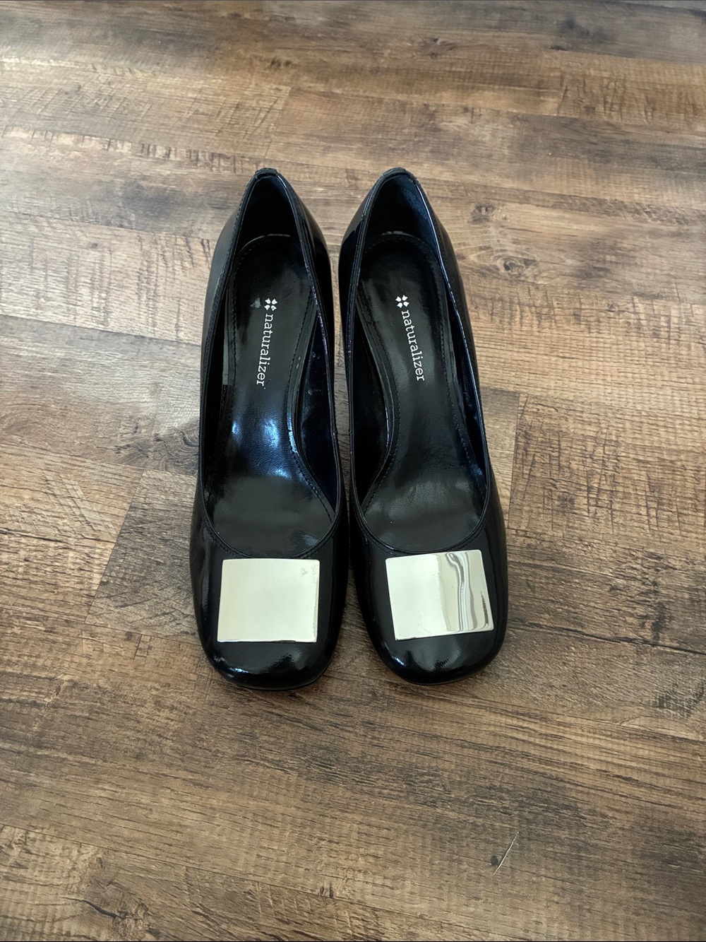 Naturalizer Black Patent Pumps with Square Toe and Square Metallic Plaque
